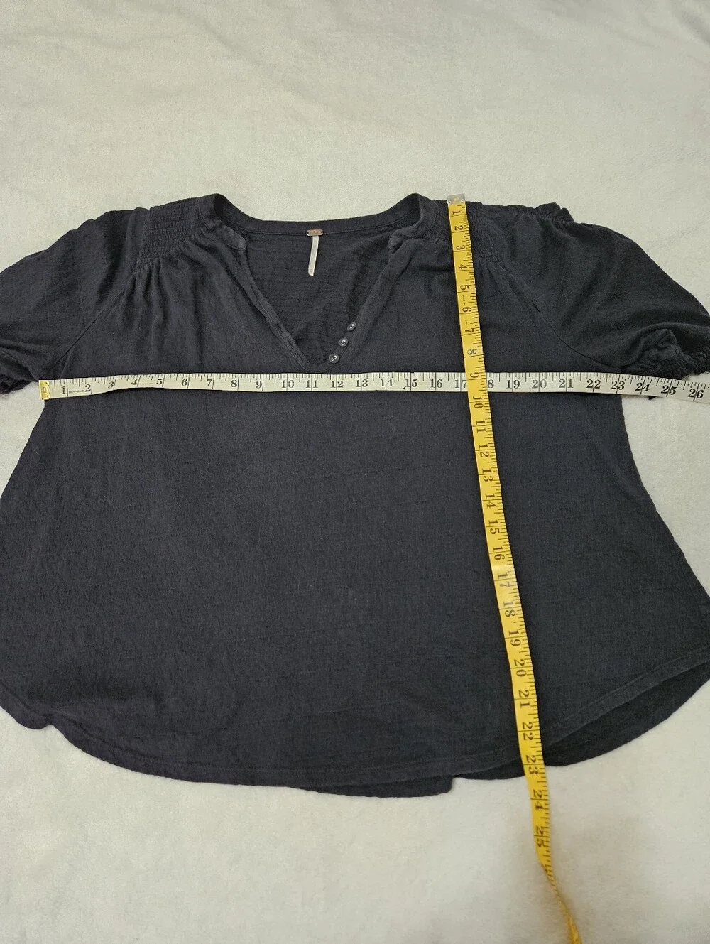 Free People Fever Dream Tee in Black V-Neck with Short, Ruched, Sleeves, Boho XS